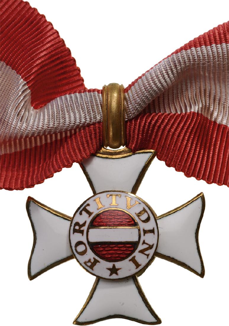 ORDER OF MARIA THERESA: Knight`s Cross , instituted in 1757. Breast Badge, 30 mm, gilt Silver, "ROTHE" production, both sides enameled, original suspension ring and ribbon. Perfect condition! I 61