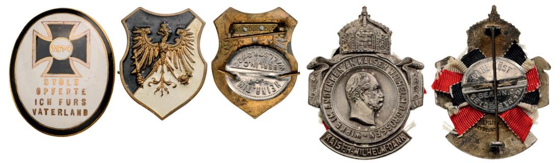 Lot of 3 Veterans Badges: Kaiser Wilhelm Dank Badge,: Breast Badges, stamped Metal, different sizes, one enameled, with pin on the back. (3) I 1281
