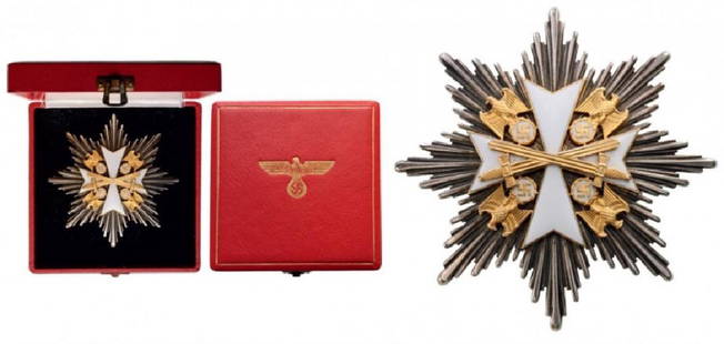 ORDER OF THE GERMAN EAGLE: 1st Class Star, with Swords, instituted in 1937. Breast Star, 85 mm, Silver, superimposed parts gilt silver, enameled, reverse with vertical tapered pin, comes in original case of issue with inscripti