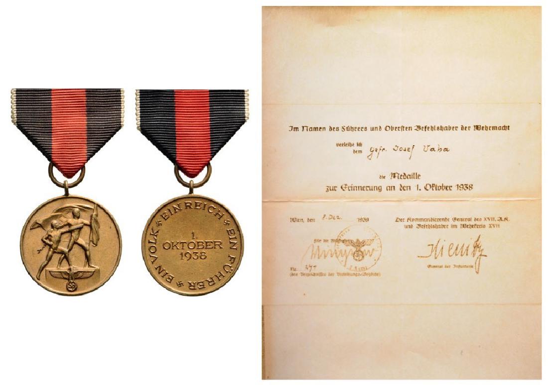 Commemorative Medal of the 1st October 1938, instituted: Breast Badge, 32 mm, Bronze, original suspension ring and ribbon, with copy of Awarding Document to an Infantryman of Czech origin (Sudeten Deutsch ?). I 1335