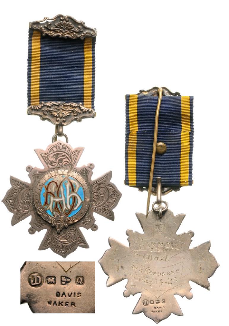 Masonic Decoration, Royal Antidiluvian Order of: Breast Badge, 55 mm, Silver, British hallmark and makerâ€™s mark â€œDavisâ€, central medallion silver, enameled, original suspension device and ribbon with ornamented clasp, named to â€