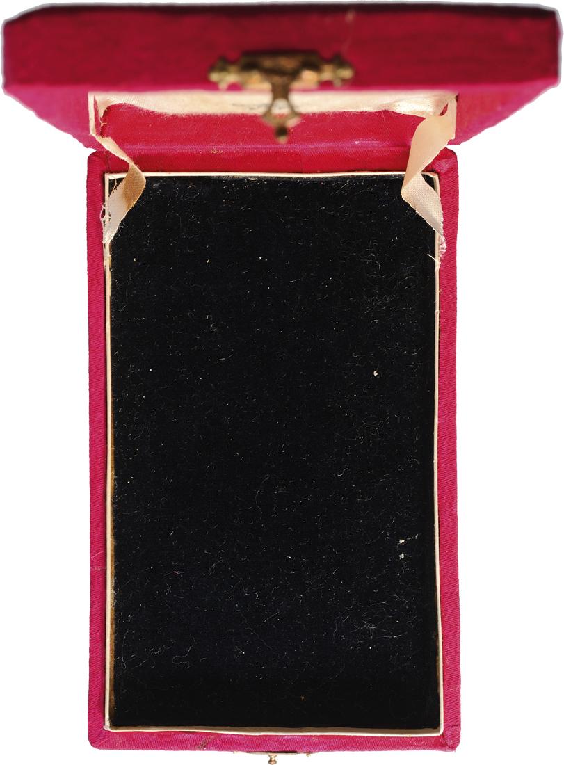 ORDER OF HOMAYOUN (SUN AND LION): Commander's Cross Box, 3rd Class, instituted in 1807. Case of issue 153x94x21 mm, with gilt weapon on the lid. Rare pink case in extremely fine condition! I BS179
