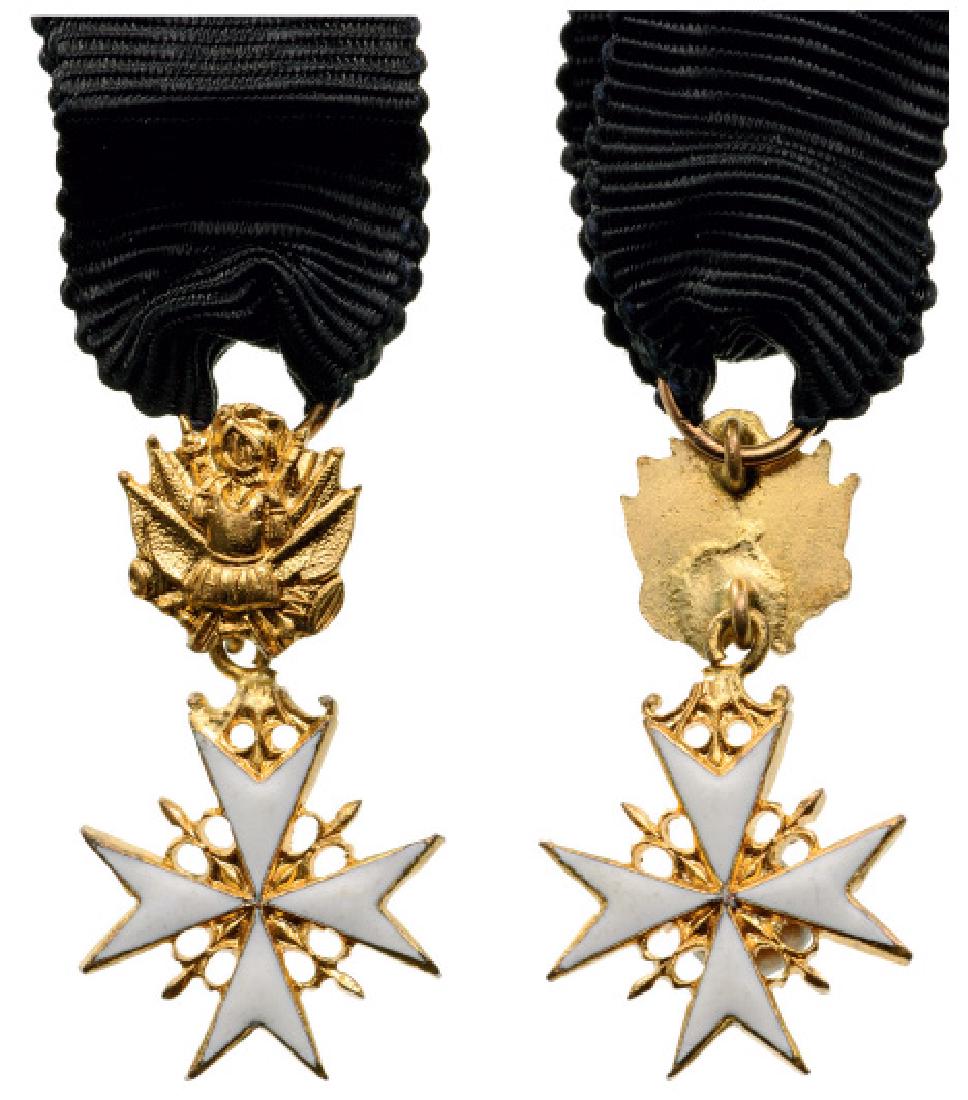 ORDER OF MALTA: Commanderâ€™s Cross, Miniature. Breast Badge, bronze gilt, 28x11 mm, enameled, original military trophy suspension device and ribbon. Perfect condition and rare! I R! 2048