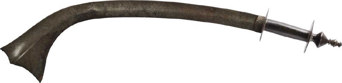 KORA sword, early 20th Century: Kora swords were used in Nepal and North India for both fighting and sacrificial processes. Heavy, down curving, blade, with its deadly sharp edge on the concave side and with wide heavy tip. Iron han
