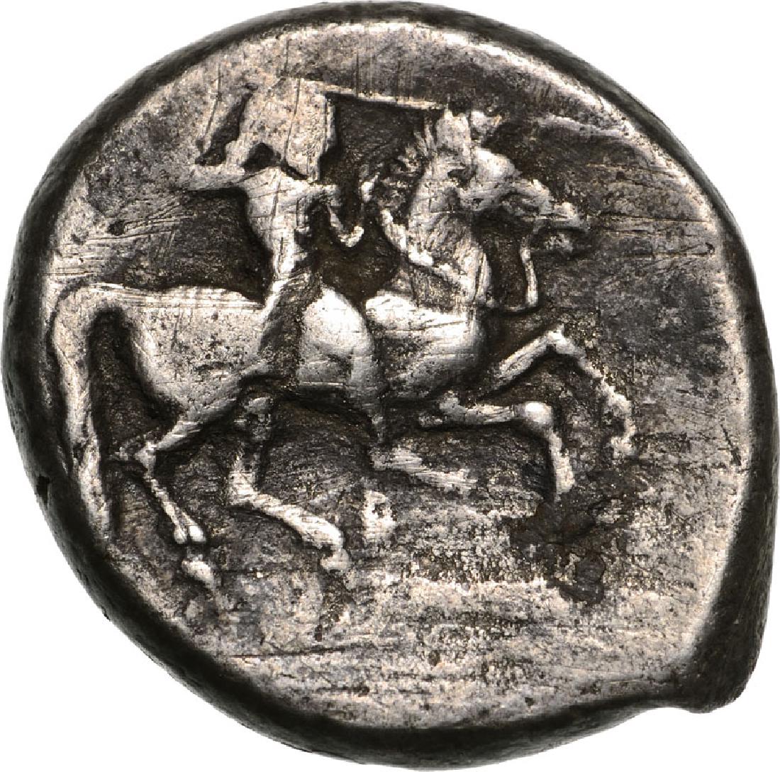 Gela, AR Didrachm (8.53 g), 490-475 BC: Horseman to right / Man-headed bull-protome right. Jenkins 35. F-VF 3455