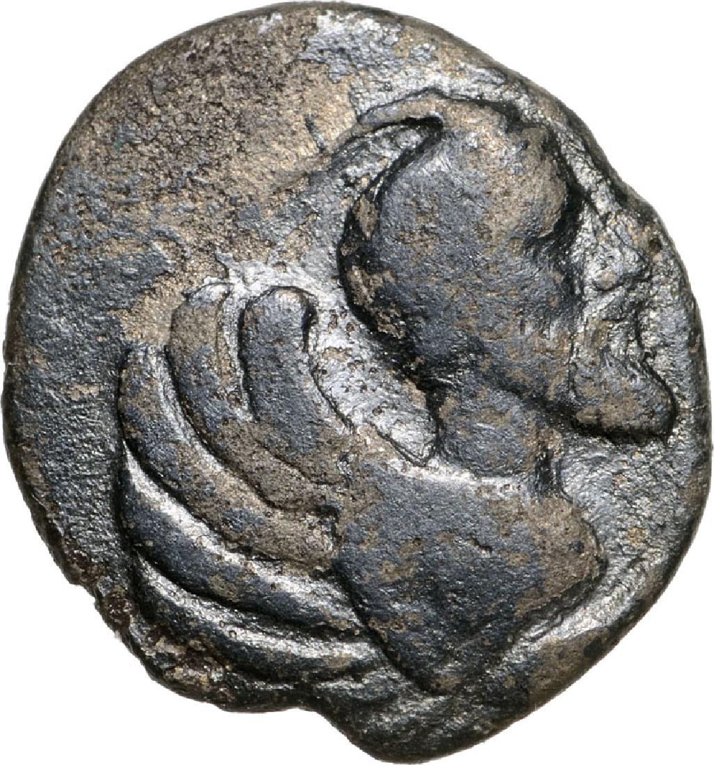 Himera, AR Litra (11 mm, 0.7 g), 450-420 BC: Winged forepart of male-headed monster right / naked young man riding on a goat left. SNG Cop. 310. R! VF/VF+, dark old patina 3466