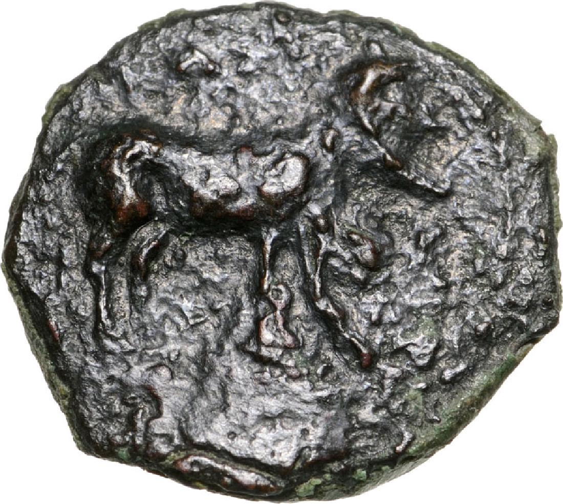 Iaitos, AE Onkia (12 mm, 1.4 g), 330-260 BC: Man-headed bull right / Grain ear and barley grain. SNG ANS 1343. R! VF 3470