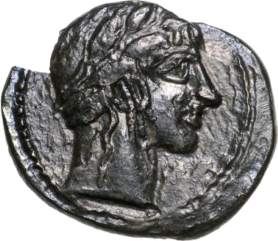 Leontinoi, AR Litra (13 mm, 0.6 g), 450-440 BC: Head of Apollo right / Barley grain. SNG ANS 261. XF, dark patina, chipped 3480