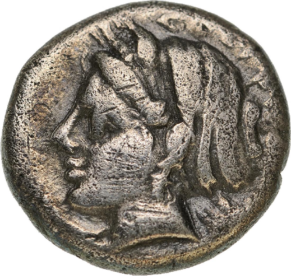 Kyzikos, AR Drachm (13 mm, 3.14 g), ca. 390-341 BC: Head of Soteira left / Head of lion left. SNG France 408. VF 3568