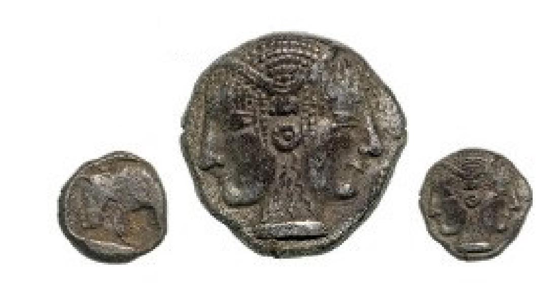 Lampsakos, AR Trihemiobol (1.15 g), 480-450 BC: Head of Athena left / Janiform female head. Gaebler Nomisma XII, pl1, 16. VF 3633