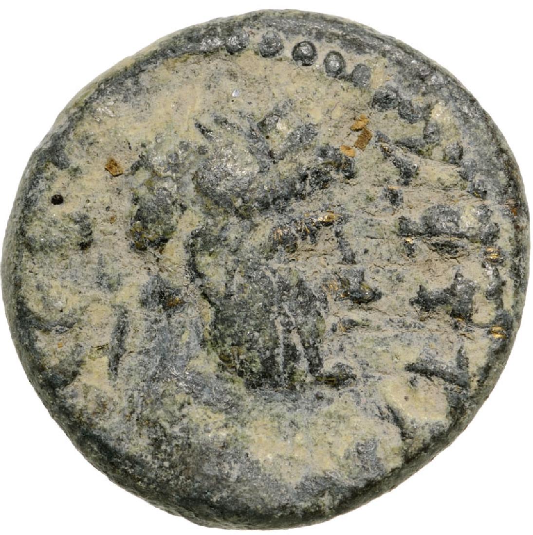 Elaia, AE15 (2.60 g), Roman Provincial Coinage, time of: Bust of Hadrian right / Basket with corn ears. SNG MÃ¼nchen 424. VF 3704