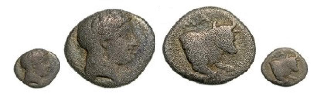 Magnesia, AR Obolos (0.80 g), 350-300 BC: Head of Apollo right / Forepart of bull right. BMC 14. VF " 3744