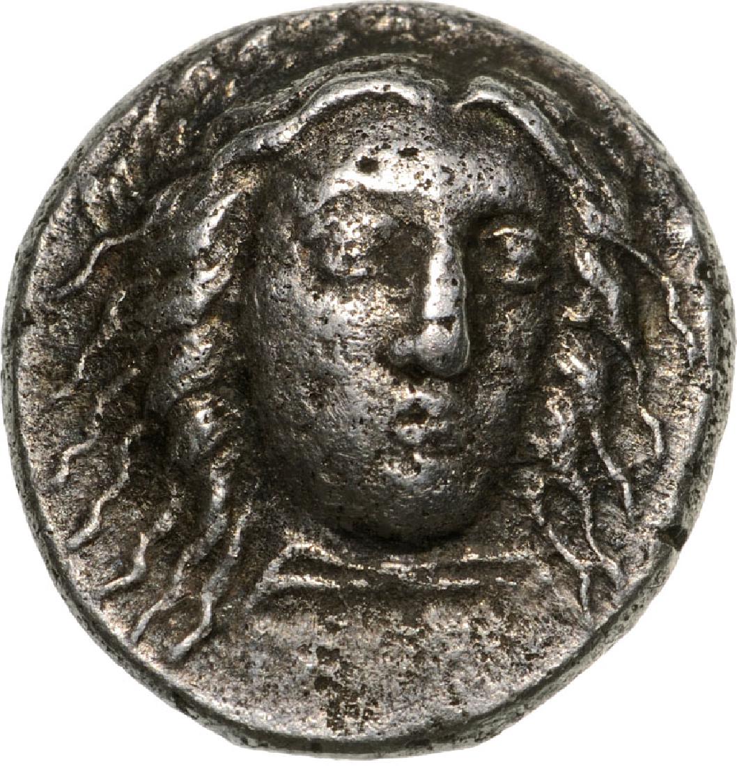 Unknown mint, AR Hemidrachm (13 mm, 2.2 g), Hidrieus: Head of Apollo facing / Floral ornament. Gorny & Mosch 130, Lot 1250. RRR! VF+ 3797