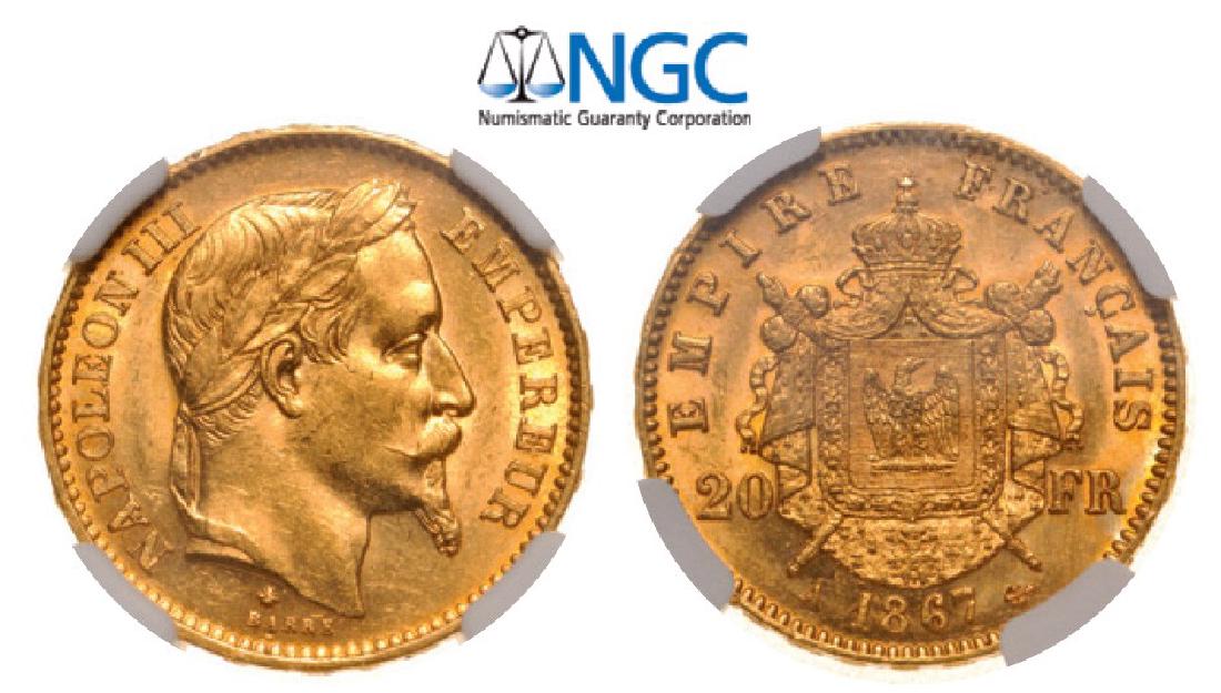 Napoleon III (1852-1870), 20 Francs 1867 A, Gold: KM 801.1. NGC MS62 4258