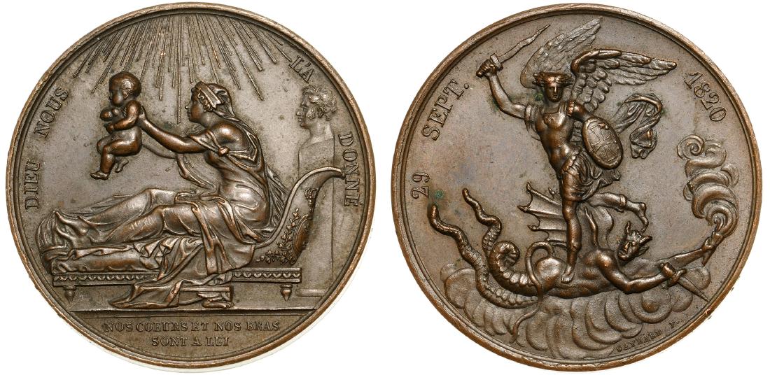Louis XVIII (1815-1824) Medal 1820 on the birth of his: Signed by Gayrard, Bronze, 38 mm, 32.65 g. Wurzbach 1262 Collignon 200. XF XA 3