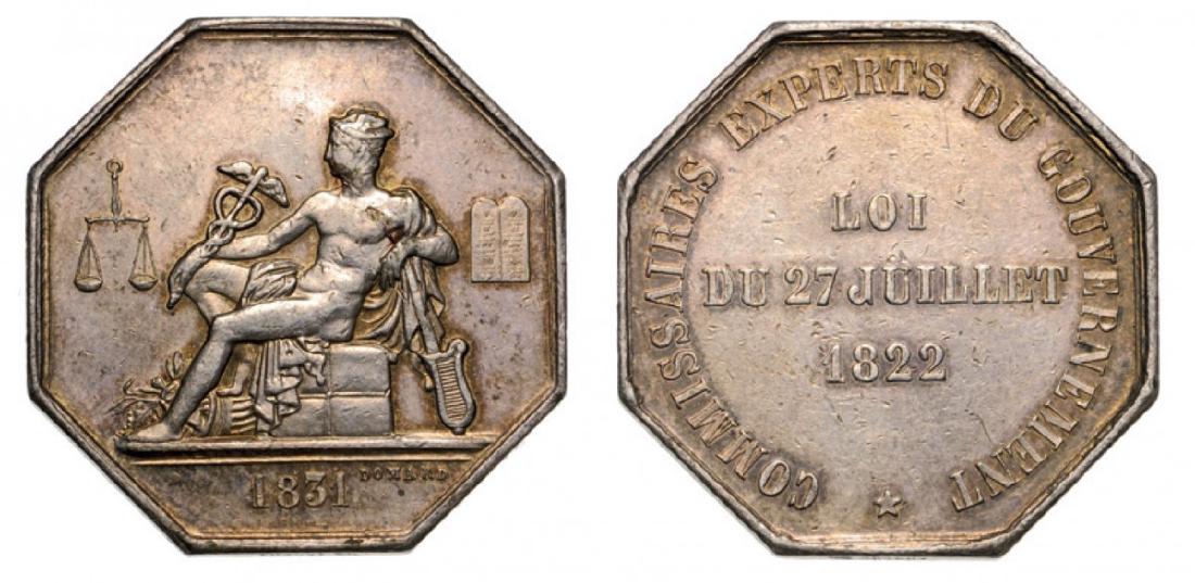 Medal 1831, Silver (15.9 g): Hermes seated left, 1831 in exergue / COMMISSAIRES EXPERTS DU GOUVERNEMENT around LOI DU 27 JUILLET 1822. VF+ 4285