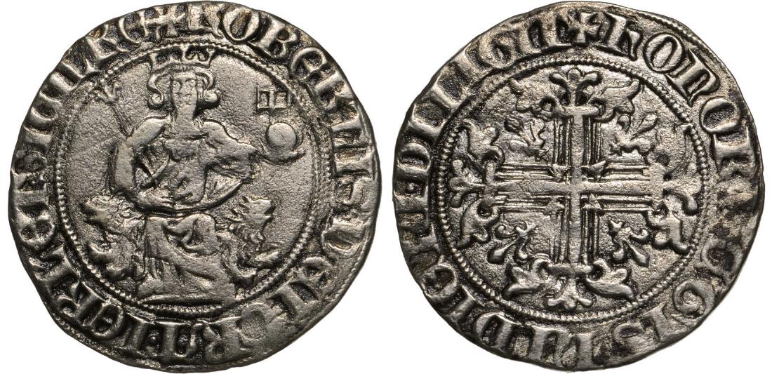 Naples, Robert d Anjou (1309-1343), AR Gigliato (26 mm,: Robert seated facing /cross. MIR 28. VF+ 4517