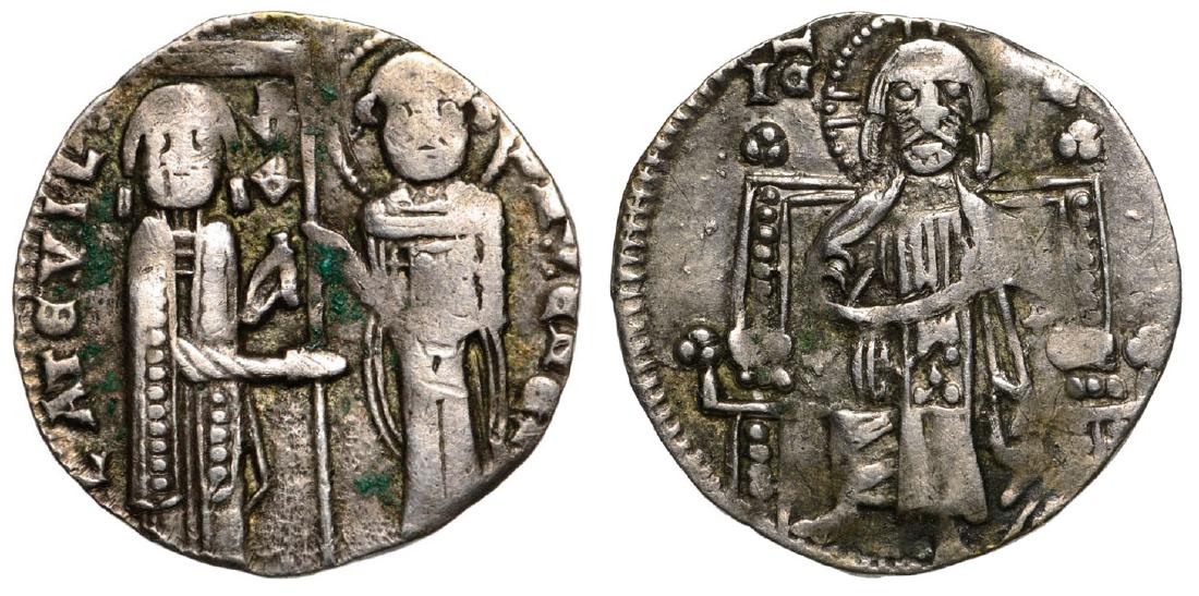 Venice, Jacopo Tiepolo (1229-1249), AR Grosso (18 mm,: Christus / Doge and St. Marcus. Biaggi 2769. VF 4562