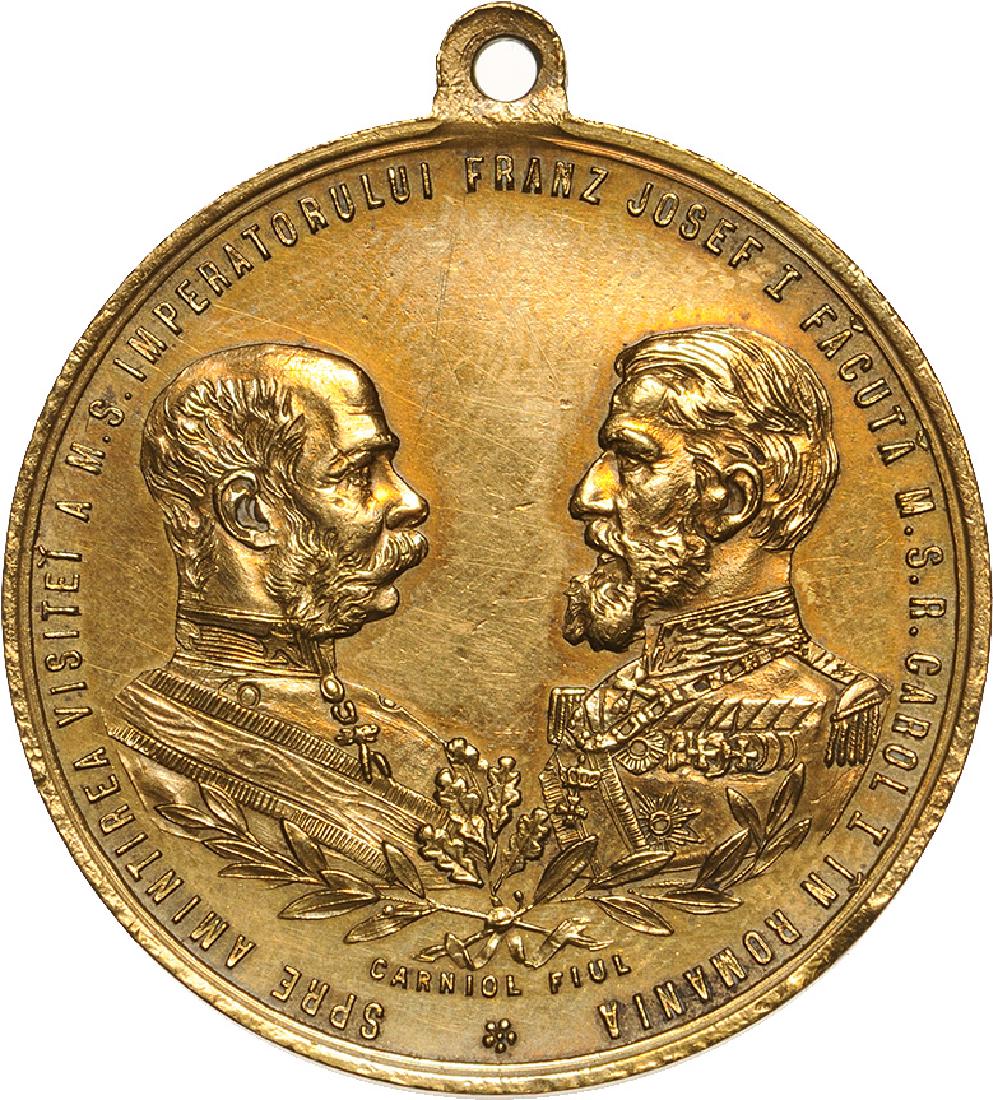 Carol I - Visit of Franz Joseph I in Bucharest and: Medal 1896, signed by Carniol Fiul, with original suspension loop, gilt Bronze (33 mm, 14.19 g). XF 4894