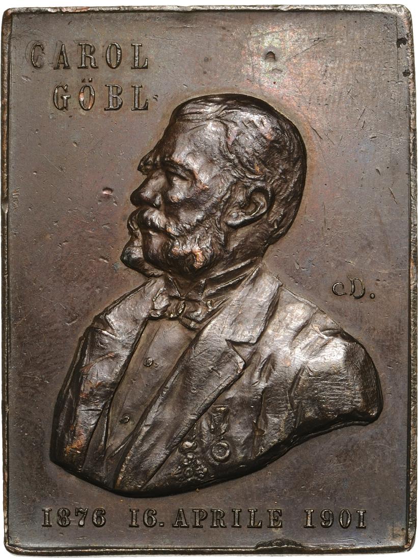 Carol I - Homage to Carol GÃ¶bl from his students: Plaquette 1901, signed CD, Bronze (33x45 mm, 36.98 g).XF RO 1147