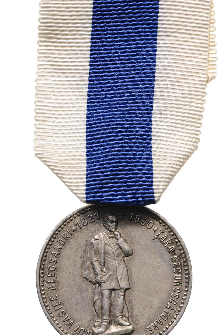 Carol I- Homage to Vasile Alecsandri: Medal 1905, Inauguration of the statue of Vasile Alecsandri in Iasi, signed W.Hegel,original suspension loop, ribbon, silvered Bronze (33 mm, 17.26 g). XF RO 1325