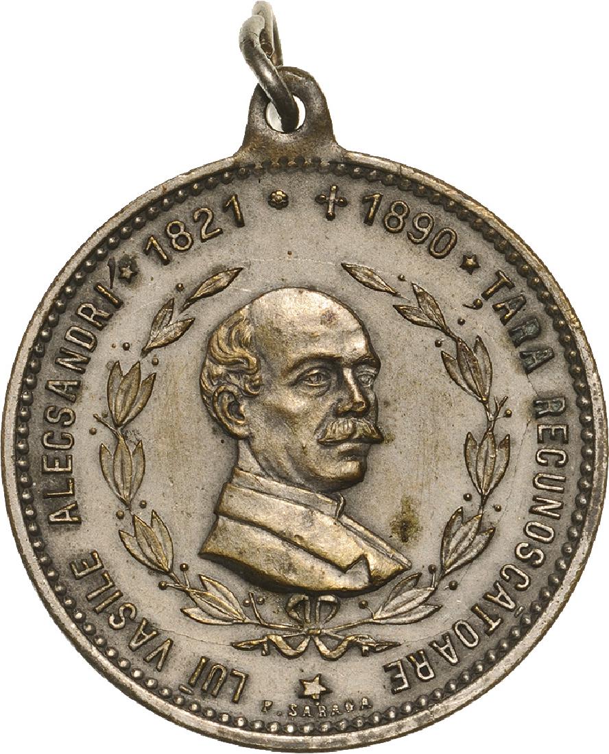Carol I - Homage to Vasile Alecsandri: Medal 1905, Inauguration of the statue of Vasile Alecsandri in Iasi, signed F. Saraga, silvered Bronze (33 mm, 15.12 g). XF 4994