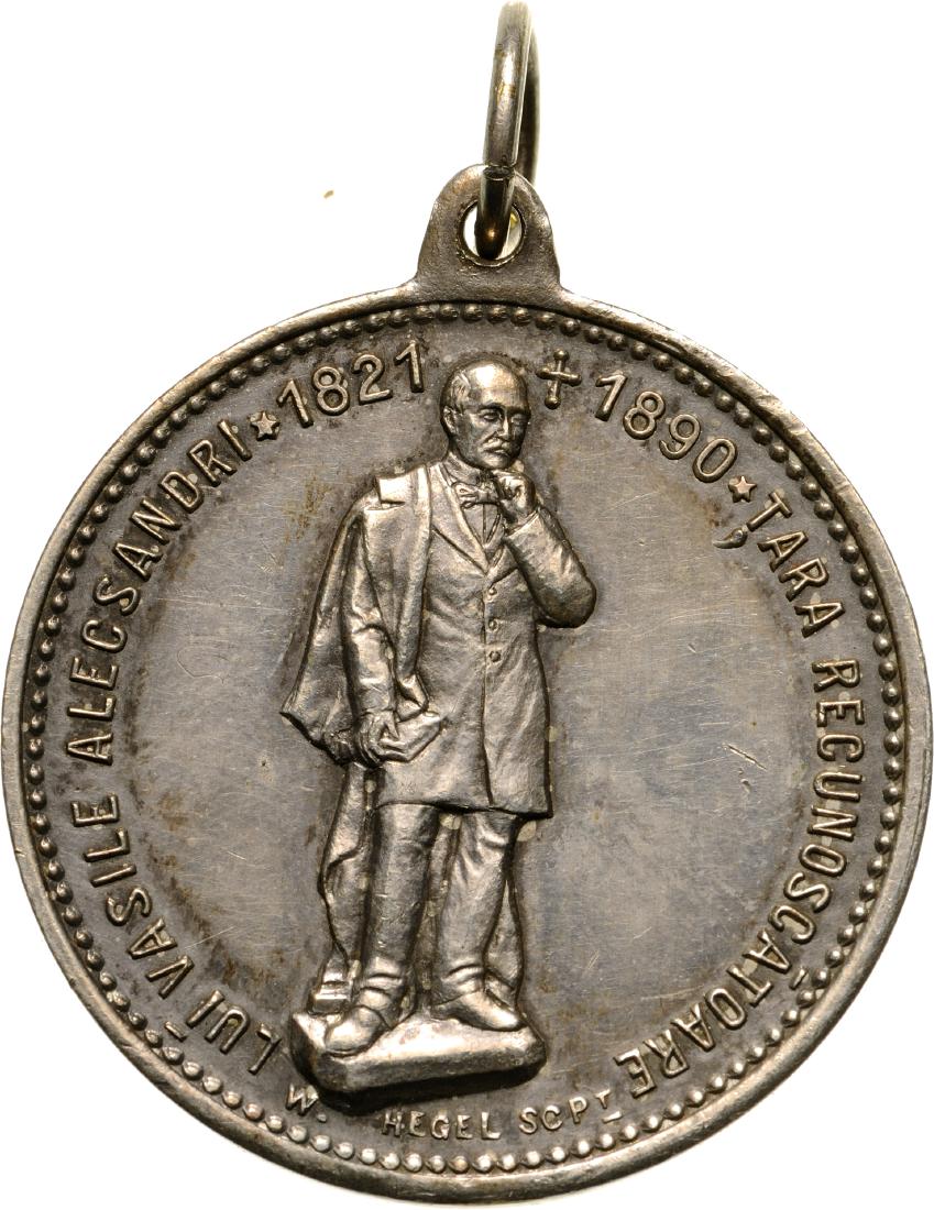 Carol I - Homage to Vasile Alecsandri: Medal 1905, Inauguration of the statue of Vasile Alecsandri in Iasi, signed W.Hegel, silvered Bronze (33 mm, 14.89 g). XF+ 4995