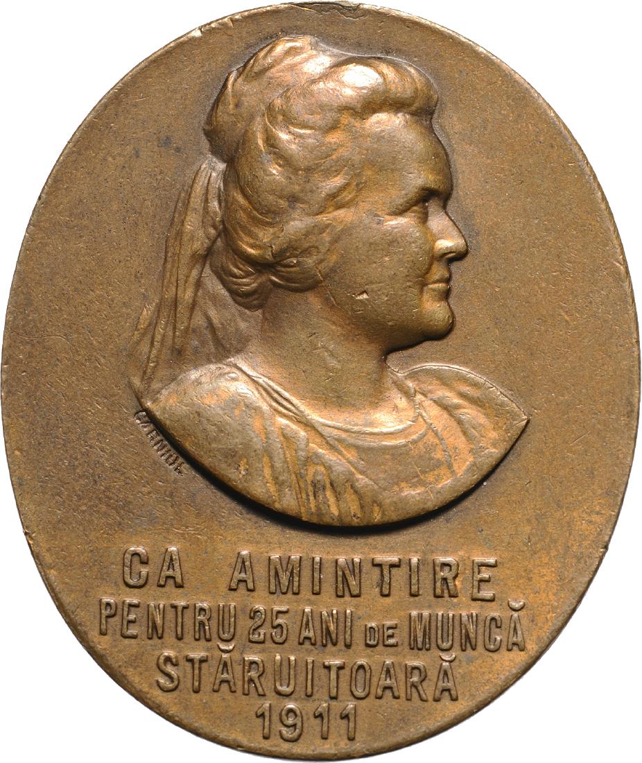 Carol I 25 years of Activity in Queens Elisabeth: Medal 1911, signed Carniol, Bronze( 32x38 mm, 16.02 g). XF 5091
