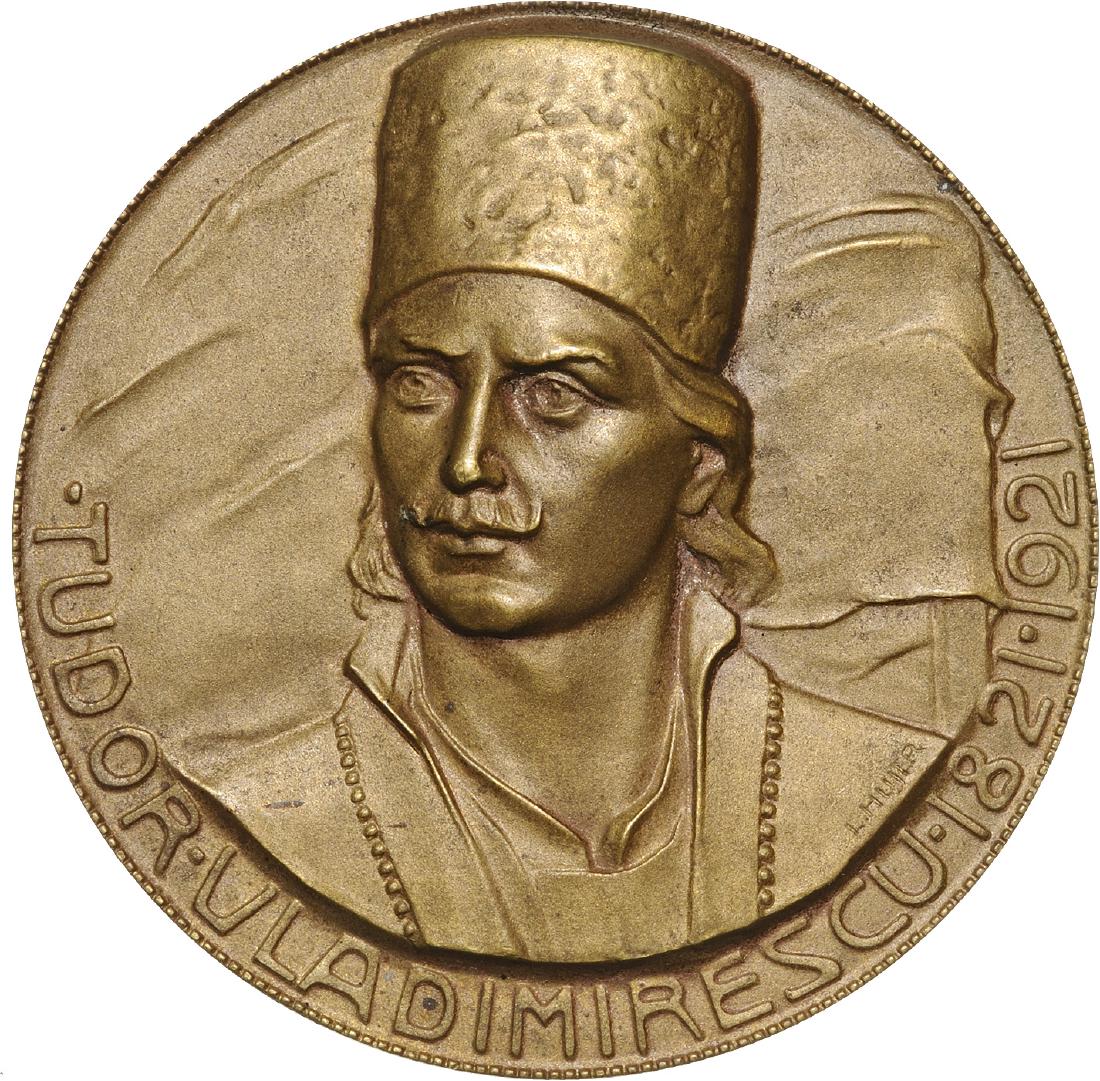 Ferdinand I Homage to Tudor Vladimirescu 1821-1921: Medal 1921, signed by L. Hiljer, Bronze (60 mm, 79.47 g). RR! XF+ 5142