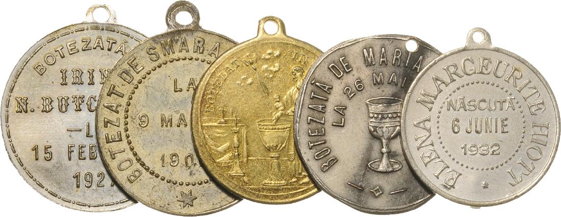 Lot of 5 Baptism Medals: George C. Jonescu 1880; Dimitrie Alexandru Moruzi 1900; Maria Georgeta M. Roco 1916; Irina Butculescu 1926; Elena Margeurite Hiott 1932. Medals, original suspension rings, Silver and silvered metal. X