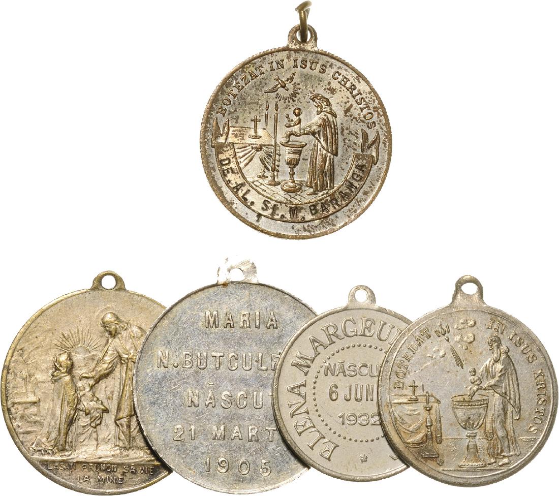 Lot of 5 Baptism Medals: Gabriel Mitilineu 1875; Maria N. Butculescu 1905; Niculae Serbana 1909; Dumitru D. Baciu 1924; Elena Margeurite Hiott 1932. Medals, original suspension loops, Silver and silvered. XF - UNC 5391