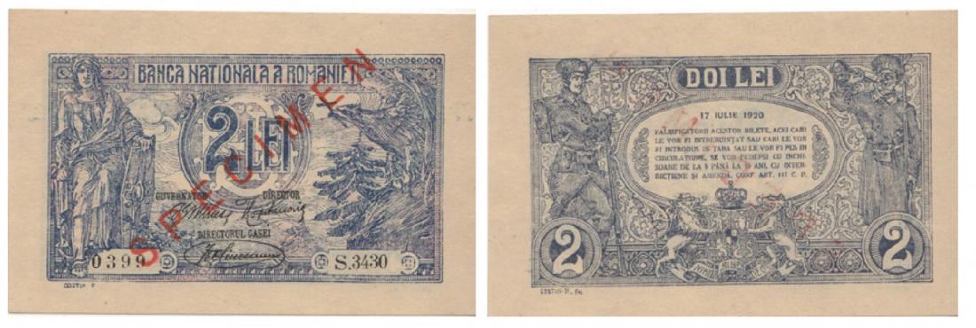 2 Lei (17.7.1920) dated 17 th of July 1920, SPECIMEN (1 of 1)