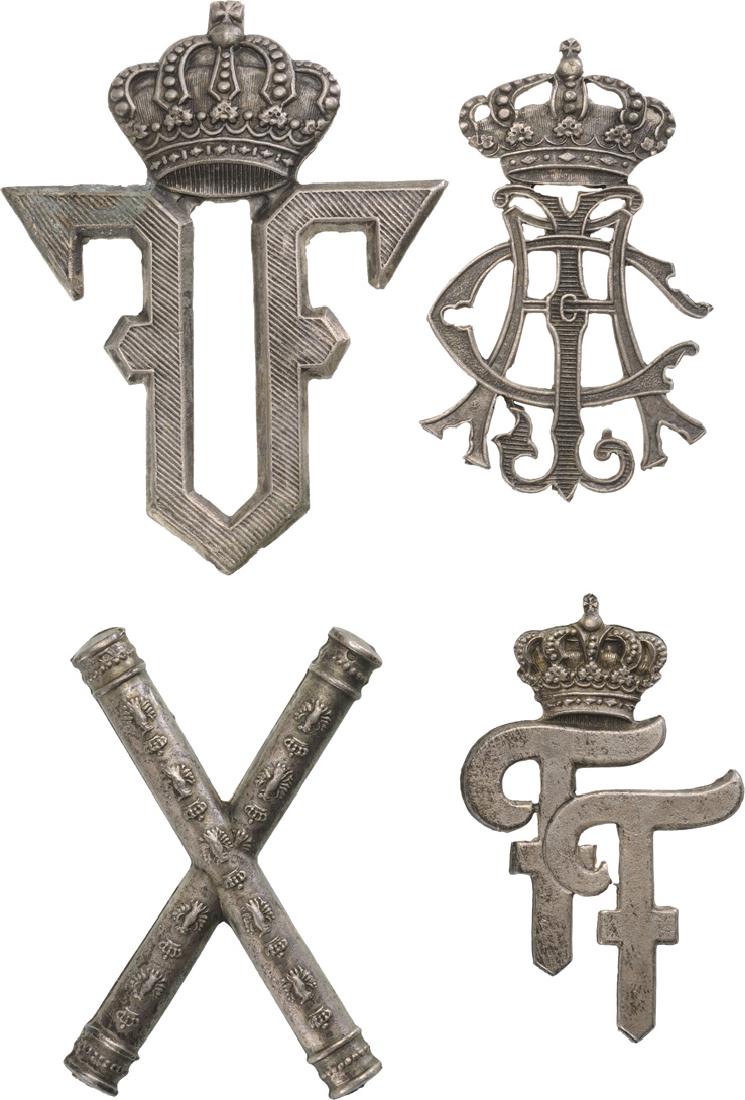 Lot of 14 Kingdom Uniform Badges, Regiments Signs for: Royal cipher Ferdinand for Royal Adjutant 7th Rosiori Regiment Cuza Voda 1st Riflemen Regiment-Prince Ferdinand Administration sign 5th Rosiori Regiment Czar Nicholas II â€“incomplete, missing cr