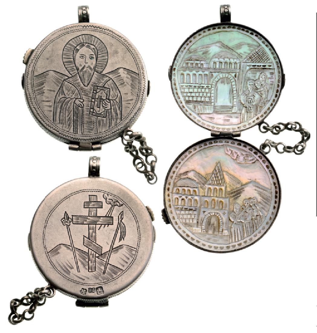 Silver travelling icon: Engraved by emblems, each part in halfsphere containing an carved sculpture on pearl about a holy place, "84" standard guarantee, 27 g, diameter 4 cm, town mark probably Vilno, silversmith "cyr. C.P. 