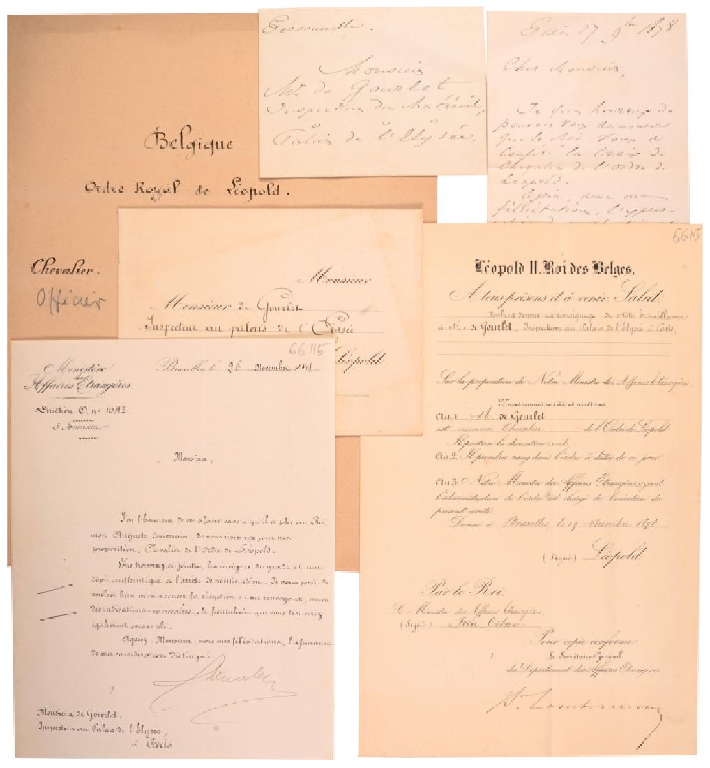 ORDER OF LEOPOLD: Knightâ€™s Cross, Leopold II King of the Belgians, Original Diploma. Printed paper, 345x220 mm, awarded to Mr. de Gourlet Inspector at the ElysEe Palace, 1878. With announcing letter and original