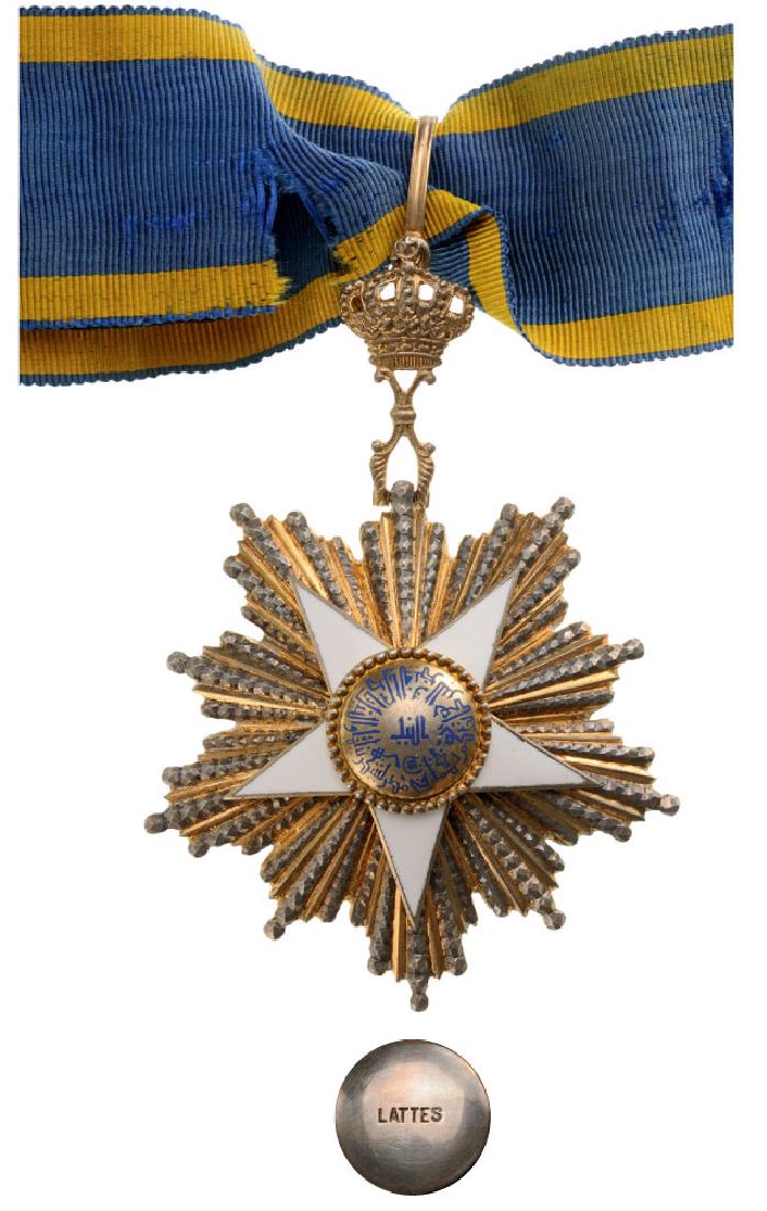 ORDER OF THE NILE: Commanderâ€™s Cross. Neck Badge, 63 mm, Silver, makerâ€™s mark â€œLattesâ€, one side enameled, with diamond cut rays, original crown suspension device, loop and original ribbon. Very