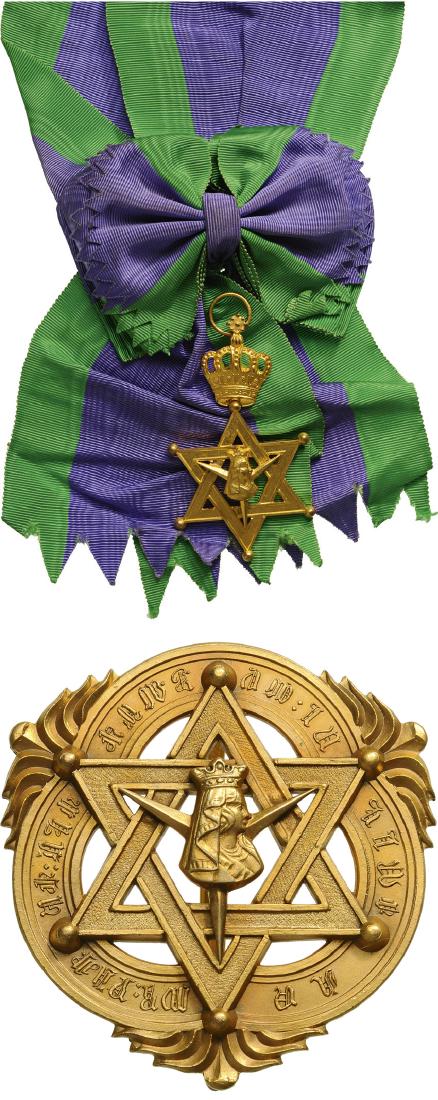 ORDER OF THE QUEEN OF SHEBA: Grand Cross Set, 1st Class, instituted in 1922. Breast Badge, 51 mm, gilt Bronze, original suspension ring, long sash. Breast Star, 72 mm, gilt Bronze, reverse with long vertical tapered pin and two s