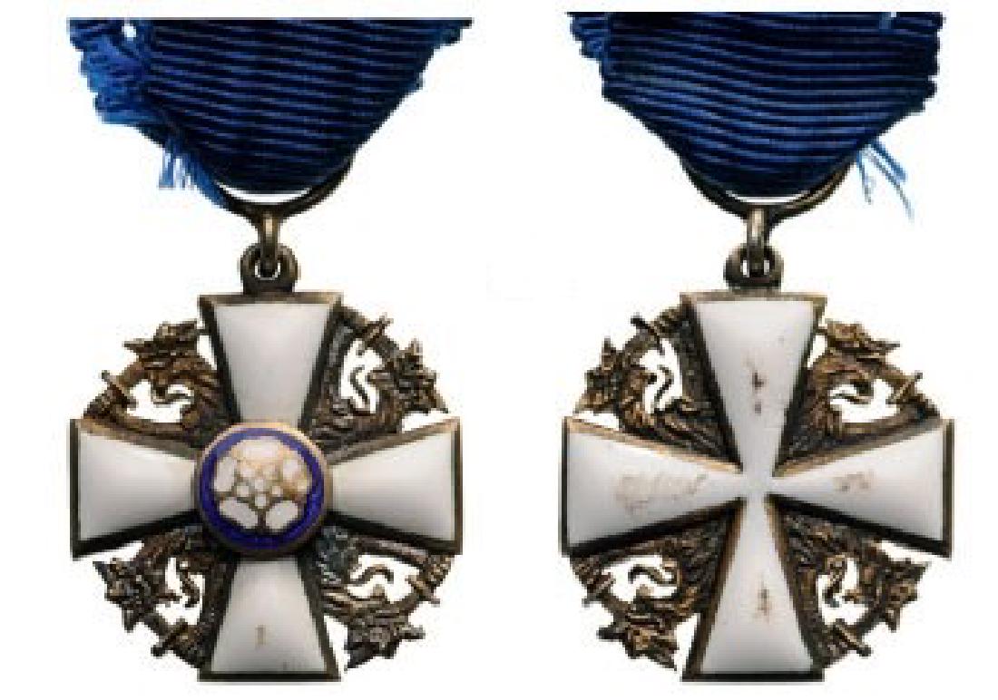 ORDER OF THE WHITE ROSE: Knight's Cross Miniature, 2nd Class, instituted in 1919. Breast Badge, 18 mm, gilt Silver, both sides enameled, obverse central medallion gilt silver, enameled, original suspension ring and ribbon. I