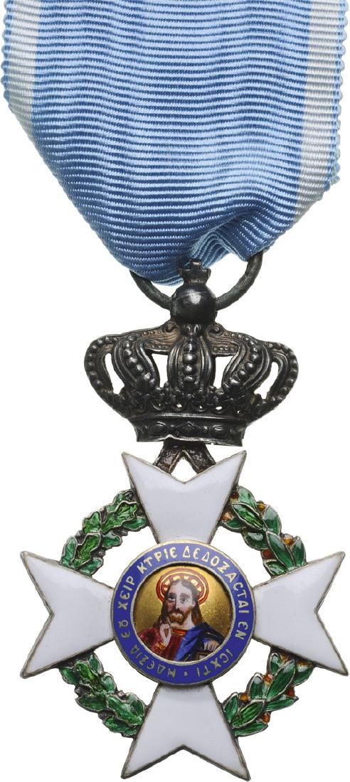 ORDER OF THE REDEEMER: Knight's Cross, 5th Class, 2nd Type, instituted in 1833. Breast Badge, 56x35 mm, Silver, both sides enameled, both central medallions GOLD, enameled, original suspension ring and correct ribbon. I