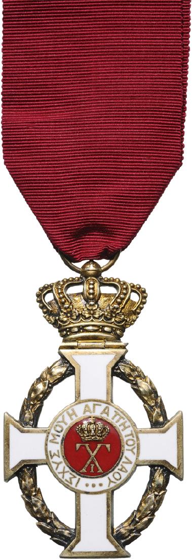 ORDER OF GEORGE I: Knight's Gold Cross, 4th Class, instituted in 1915. Breast Badge, 62x35 mm, gilt Silver, obverse enameled, superimposed part silver, original suspension ring and ribbon. Mint condition!I