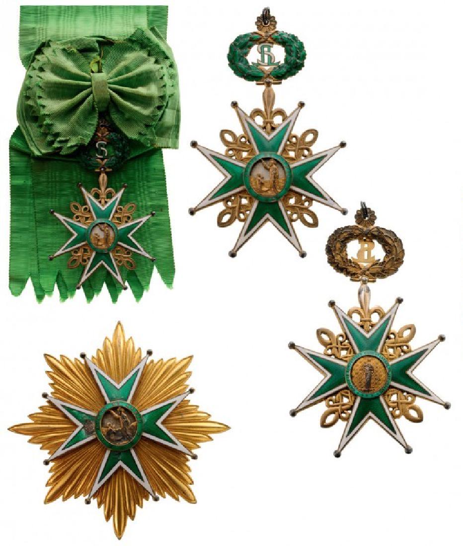 THE MILITARY AND HOSPITALLER ORDER OF SAINT LAZARUS: Dame Grand Cross Set, 1st Class. Sash Badge, 62 mm, gilt Silver, French hallmark, unidentified maker's mark, both sides enameled (several chips in the enamel), both central medallions gilt silver, ena