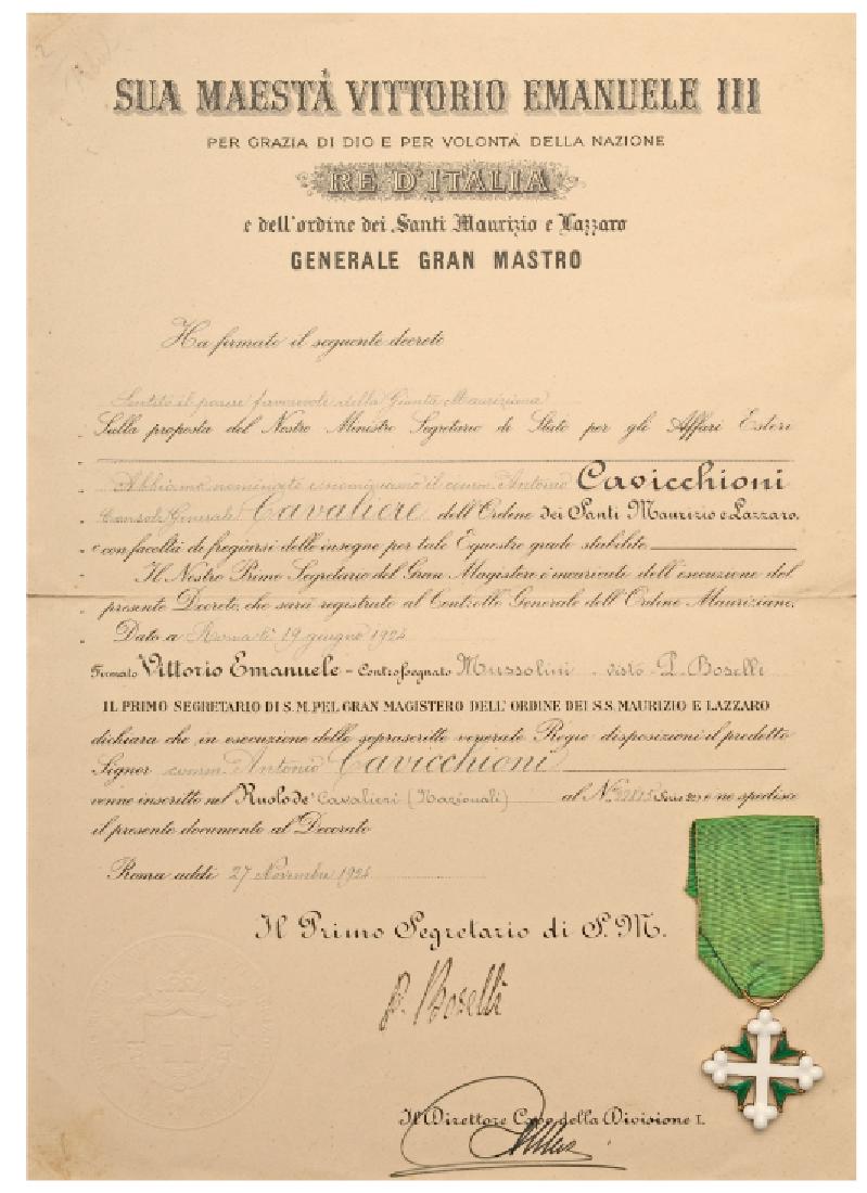 ORDER OF SAINT MAURICE AND LAZARUS: Knight's Cross, 5th Class. Breast Badge, 36 mm, GOLD, enameled, original suspension ring and ribbon. Comes with Awarding Document to an Italian Diplomat in 1924. In perfect condition! I