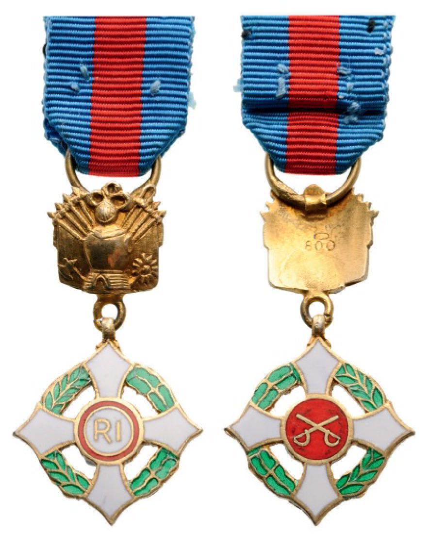 MILITARY ORDER: Knight's Cross Miniature, instituted in 1815, revived in 1947. Breast Badge, 17 mm, gilt Silver, hallmarked â€œ800â€ and maker's mark, both sides enameled, original suspension ring and ribbon.