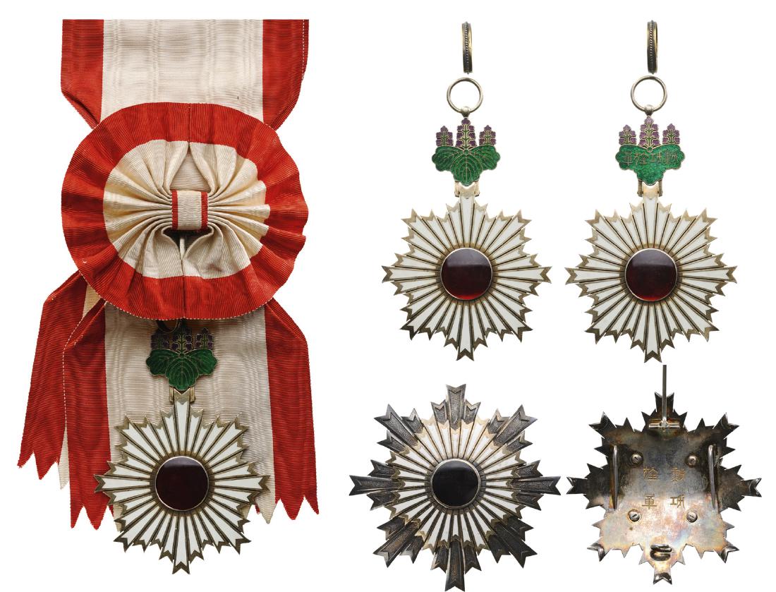 ORDER OF THE RISING SUN: Grand Cross Set, 1st Class instituted in 1875. Sash Badge, 114x76 mm, gilt Silver, both sides enameled, original suspension ring and complete sash. Breast Star, Silver, 89 mm, obverse enameled, thin p