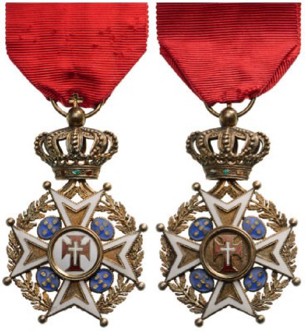 MILITARY ORDER OF CHRIST: Knight's Cross, 5th Class, instituted in 1789. Breast Badge, 62x38 mm, gilt Silver, enameled, both central medallions gilt, enameled, original suspension ring and ribbon. Superb and rare badge! I- R!