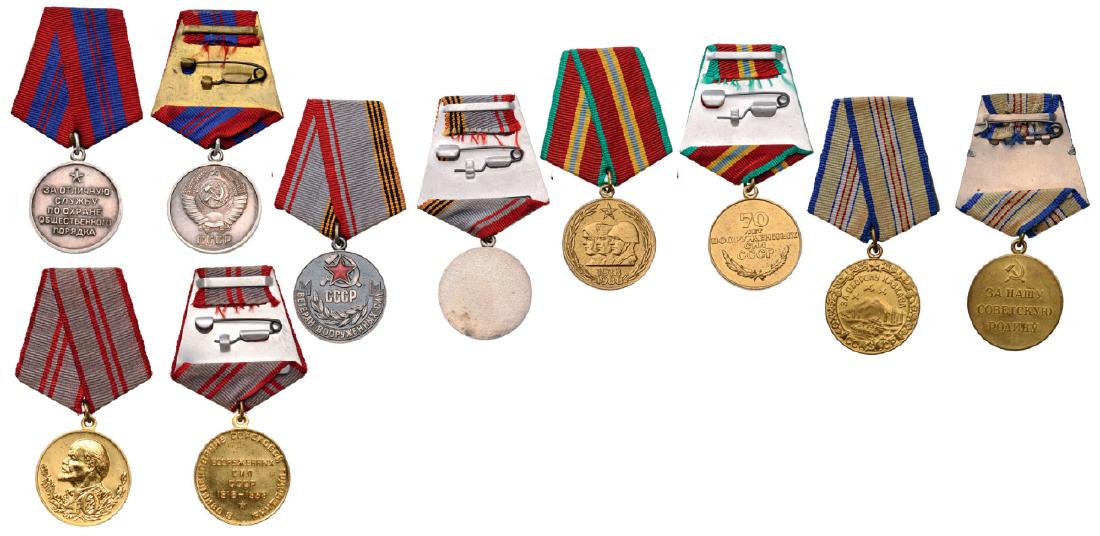Group of 5 Medals: Defense of the Caucasus (instituted in 1944), Police Constabulary Force (instituted in 1950), Veteran of the Armed Forces of the USSR Medal (instituted in 1976), 40 Years Jubilee of the Soviet Armed F