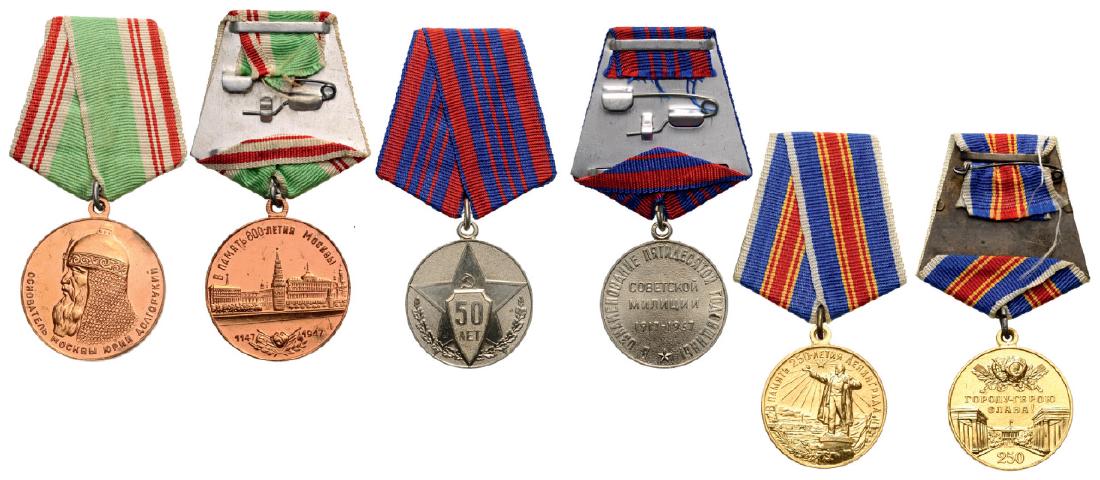 Group of 3 Medals: 800th Anniversary of the Founding of Moscow Jubilee Medal (instituted in 1947), 250th Anniversary of the Founding of Leningrad Jubilee Medal (instituted in 1957), 50th Anniversary of the Soviet Militi