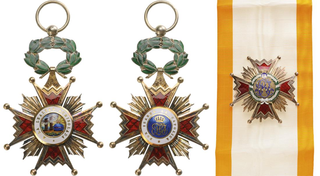 ORDER OF ISABELLA THE CATHOLIC: Grand Cross Set, instituted in 1815. Sash Badge, 65x42 mm, GOLD,19.1 g, and gilt Silver, multipart construction, central medallion GOLD, enameled, with original laurel wreath suspension device, ring a