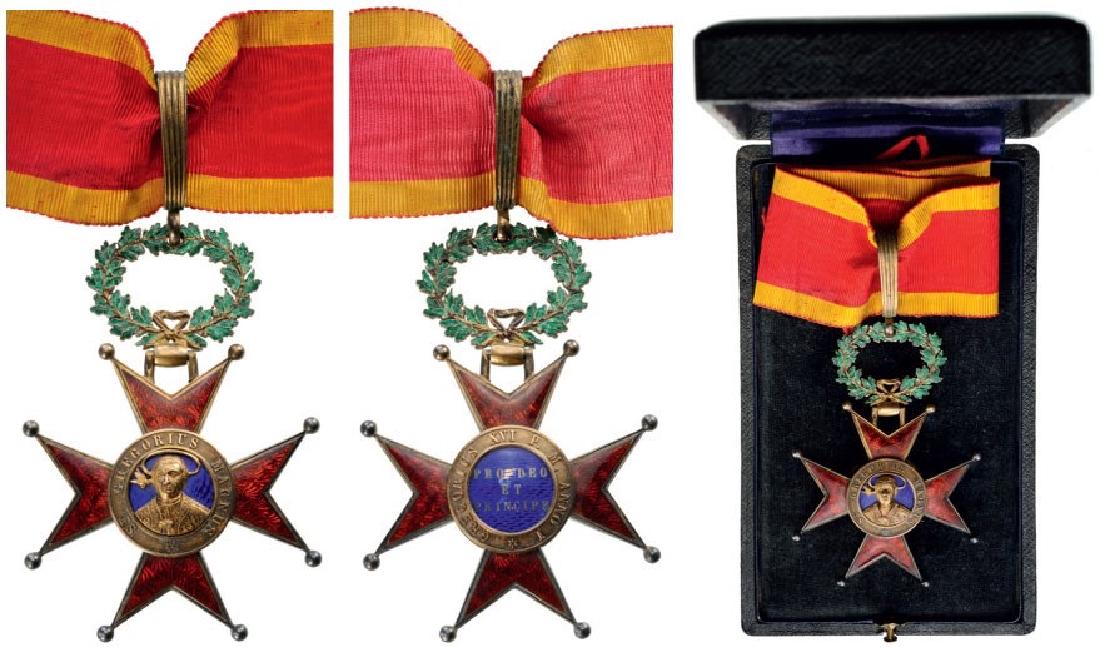ORDER OF SAINT GREGORY: Commander's Cross, instituted in 1831. Neck Badge, 80x55 mm, gilt Silver, hallmarked "eagle's head", enameled on both sides, original suspension wreath, loop and long ribbon, in case of issue by "Fayo