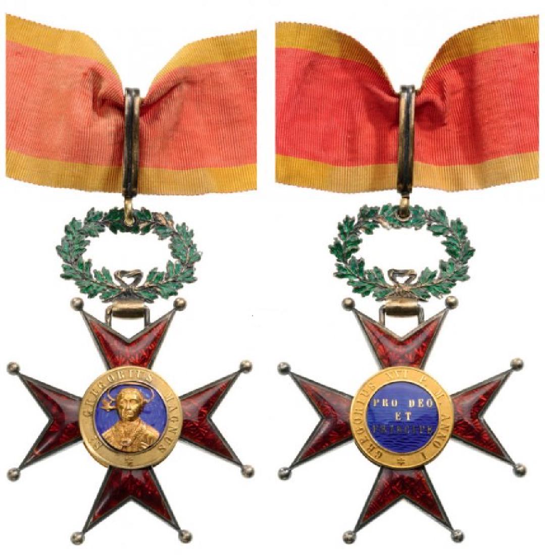 ORDER OF SAINT GREGORYÂ : Commander's Cross, 3rd Class, instituted in 1831. Neck Badge, GOLD and gilt Silver, 55 mm, French hallmark â€œboar's headâ€, both sides enameled (minor cracks on obverse), both central medallio